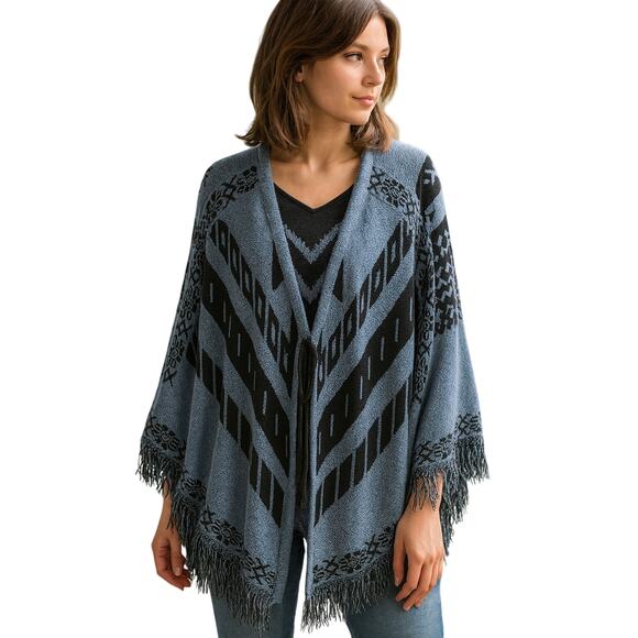 NY Collection Blue Knit Poncho Sweater Aztec Southwestern Size Large - Picture 1 of 9